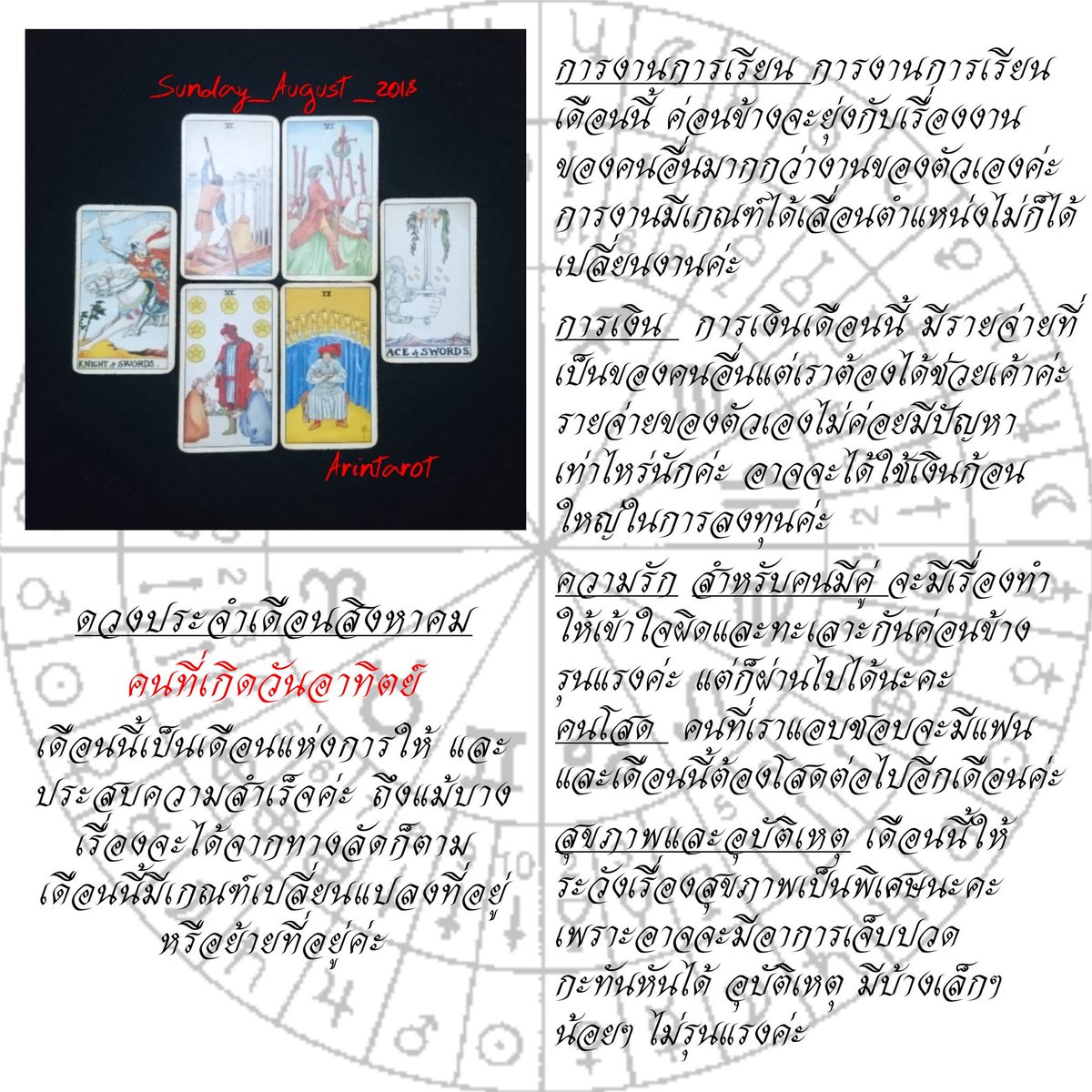 arintarot's tweet photo. #ดวงประจำเดือน #สิงหาคม ของคนที่เกิด #วันพฤหัสบดี #วันศุกร์ #วันเสาร์ #วันอาทิตย์ #ไพ่ยิปซี #ไพ่ทาโรต์ #ดูดวง #อรินทร์ไพ่ยิปซี #ดูดวงฟรี #Arintarot #tarot #ตรวจดวง #iKONisKILLINGME #ข่าวบันเทิง #popesaap #grampancakesthailand #ความเงียบดังที่สุด https://t.co/9YwS5tXzYM