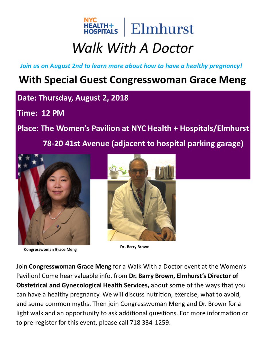 NYCHealthSystem's tweet photo. TODAY! #WalkwithaDoctor on Aug. 2. Join Dr. Barry Brown of @NYCHealthSystem Elmhurst and @RepGraceMeng for a talk on #WomensHealth and a light walk.  https://t.co/hAGES7zSBh https://t.co/oWlHKuaEHa