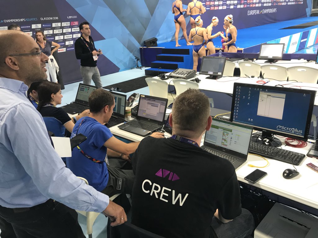 jasonhcowan's tweet photo. #TeamAvid setting up @Avid #Maestro #Graphics solutions at Scotstoun Sports Campus for the Synchronised Swimming with @MicroplusTiming. Amazing temporary pool set up for @Euro_Champs. https://t.co/vTAOQ8HjSI