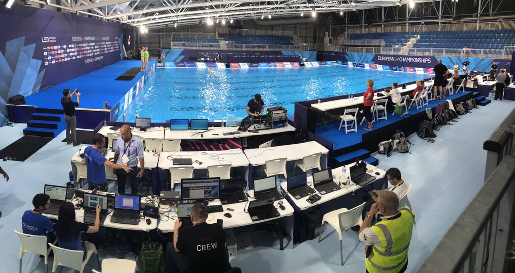 jasonhcowan's tweet photo. #TeamAvid setting up @Avid #Maestro #Graphics solutions at Scotstoun Sports Campus for the Synchronised Swimming with @MicroplusTiming. Amazing temporary pool set up for @Euro_Champs. https://t.co/vTAOQ8HjSI