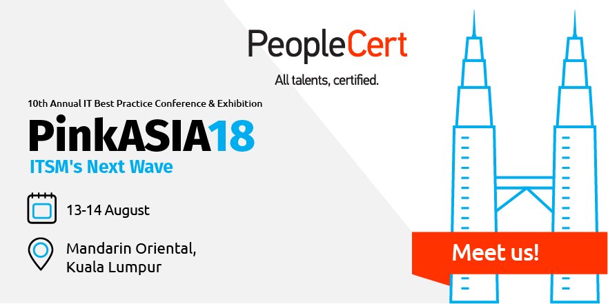 PeopleCert's tweet photo. We’re headed for Kuala Lumpur! #PeopleCert is proud to sponsor #PinkASIA18, one of the most important #ITSM events in Southeast Asia! Visit our stand to discuss #ITIL, as well as our full portfolio of Best Practice qualifications! Find out more: https://t.co/WvkFuq44U6 https://t.co/A3qlxjq3pI