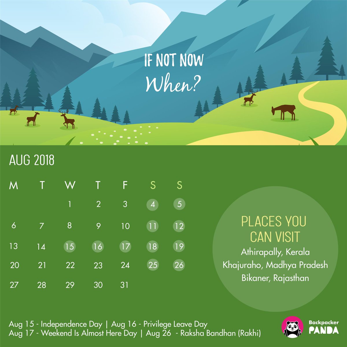 BackpackerPanda's tweet image. As another month passes us by we realize we are closer to the end of 2018 than we were to the beginning! 
Have you made the most of the year yet? 
TRAVEL - because if not now, then when? 

#BackpackerPanda #LongWeekends #August #Holidays