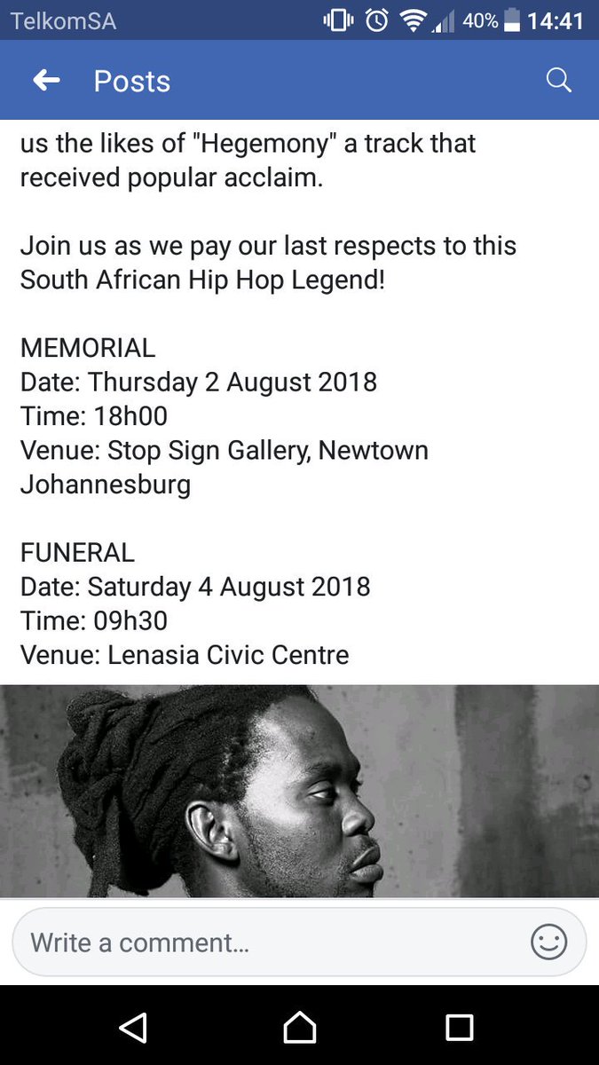 phethani4's tweet photo. Hip hop fans of Mzansi let's converge on Saturday and pay our last respect to Ben Sharpa #Bensharpa https://t.co/EqeoUPcbz8