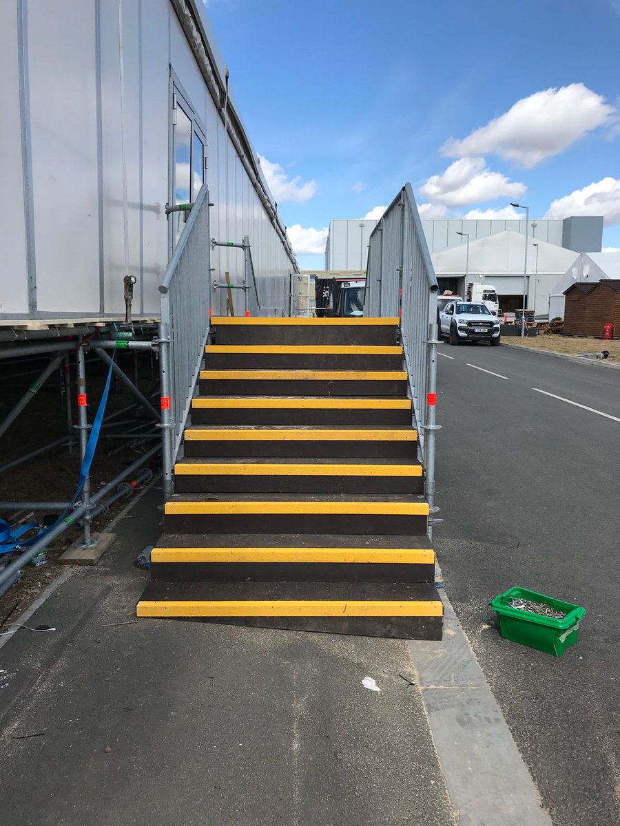 EM_Structures's tweet photo. Need a temporary staircase which can be erected quickly, safely and looks great? Check out these recent examples installed for a major UK film studio...#filmstudiouk #BehindTheScenes #BuildingEvents #eventprofs #Layher_UK @NASCaffolding @smartscaffolder https://t.co/krJgDKpsqN