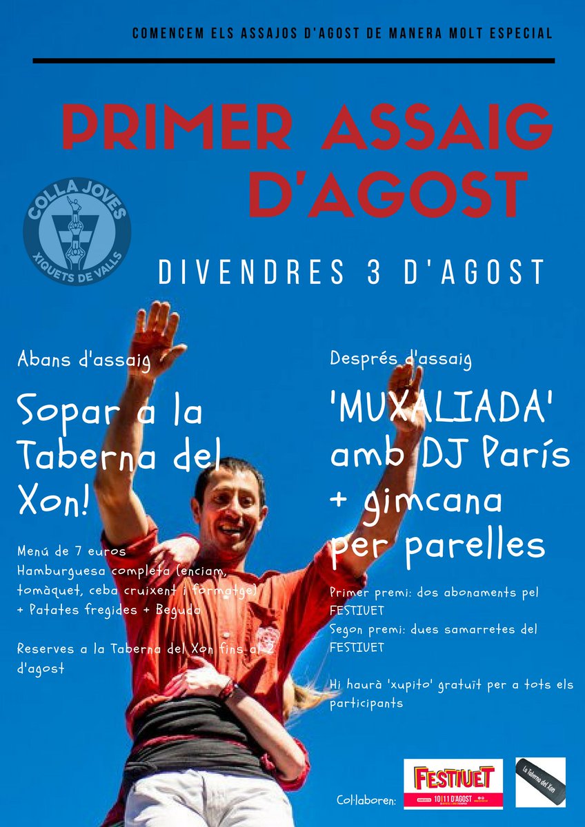 JovesValls's tweet photo. 📲 Ja ha començat l'agost! I de quina manera...
Ens veiem demà a assaig i dissabte a la Móra. Tenim mooolt a celebrar i moooolt a TREBALLAR!💪💪💪 #castellers #passetapasset #ensimportaelCOM I recordeu, diumenge una nova classe de SALSA 😉💃 https://t.co/UCNIaUzlth