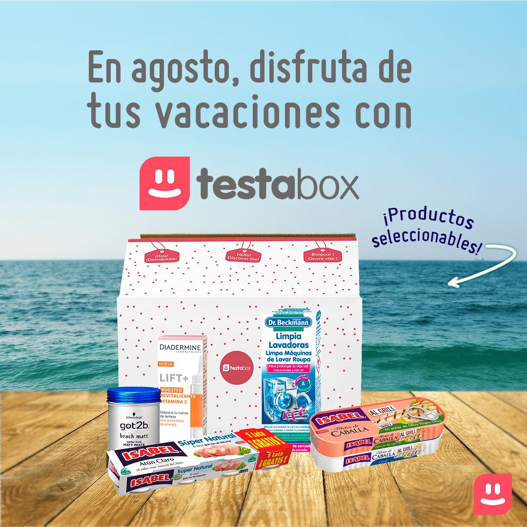 TestaBox's tweet image. Damos la bienvenida al mes de agosto con nuestra #Testabox más veraniega. Podrás seleccionar:
.
🌀 DR. BECKMANN, limpia lavadoras.
🐟 ISABEL, filetes de caballa.
🥗 ISABEL, Atún Isabel Súper Natural
💆‍♀️GOT2B, Beach Boy
🙆‍♀️DIADERMINE, LIFT + Booster Revitalizante