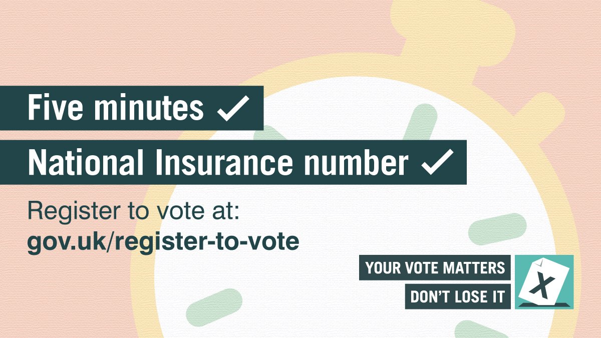 Registering to vote is easy. All you need is 5mins and your National Insurance number. Register now at gov.uk/register-to-vo… #YourVoteMatters