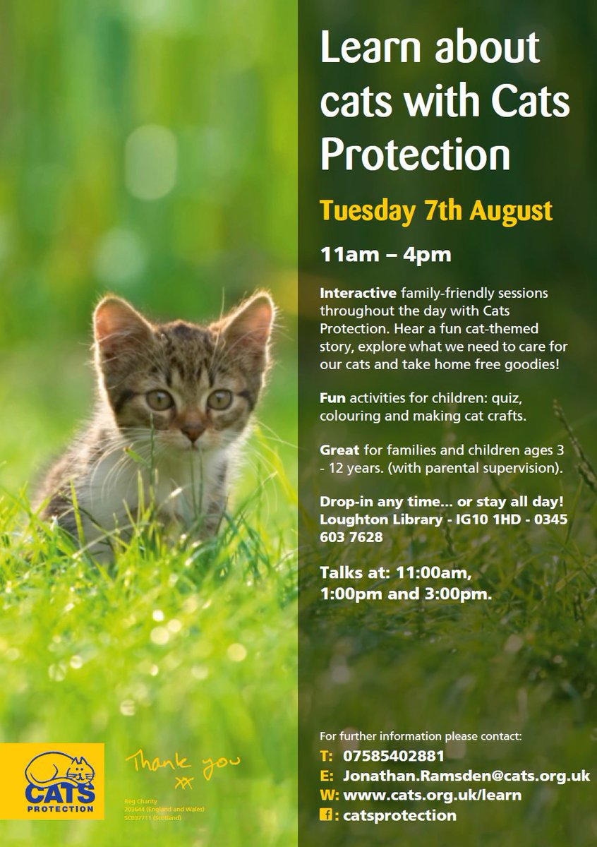 CPEducationLSE's tweet photo. Join me on Tuesday 7th August at @loughtonlibrary for fun, interactive family-friendly workshops about caring for cats. Hear a story and explore what we need to be responsible pet owners. Talks at 11am, 1pm and 3pm with fun activities inbetween! https://t.co/uoTBqnzr65