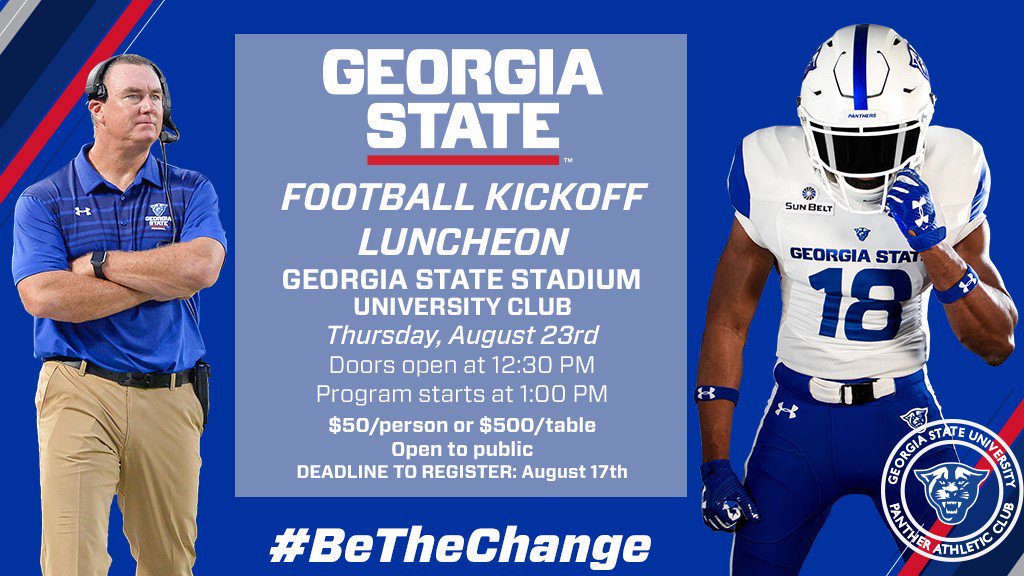 GSU_PAC's tweet photo. Excited for the 2018 Panther football season? Want the chance to meet with football players and coaches? Then the 2018 Panther Football Kickoff Luncheon is where you need to be! Buy your tickets today! https://t.co/ySYKt9eofH https://t.co/XfcGnQryj1