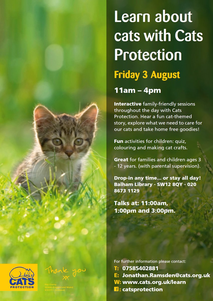 CPEducationLSE's tweet photo. Join me on Friday 3rd August at @Better_Balham Library for fun, interactive family-friendly workshops about caring for cats. Hear a story and explore what we need to be responsible pet owners. Talks at 11am, 1pm and 3pm with fun activities in between! https://t.co/IfTscpzMFE