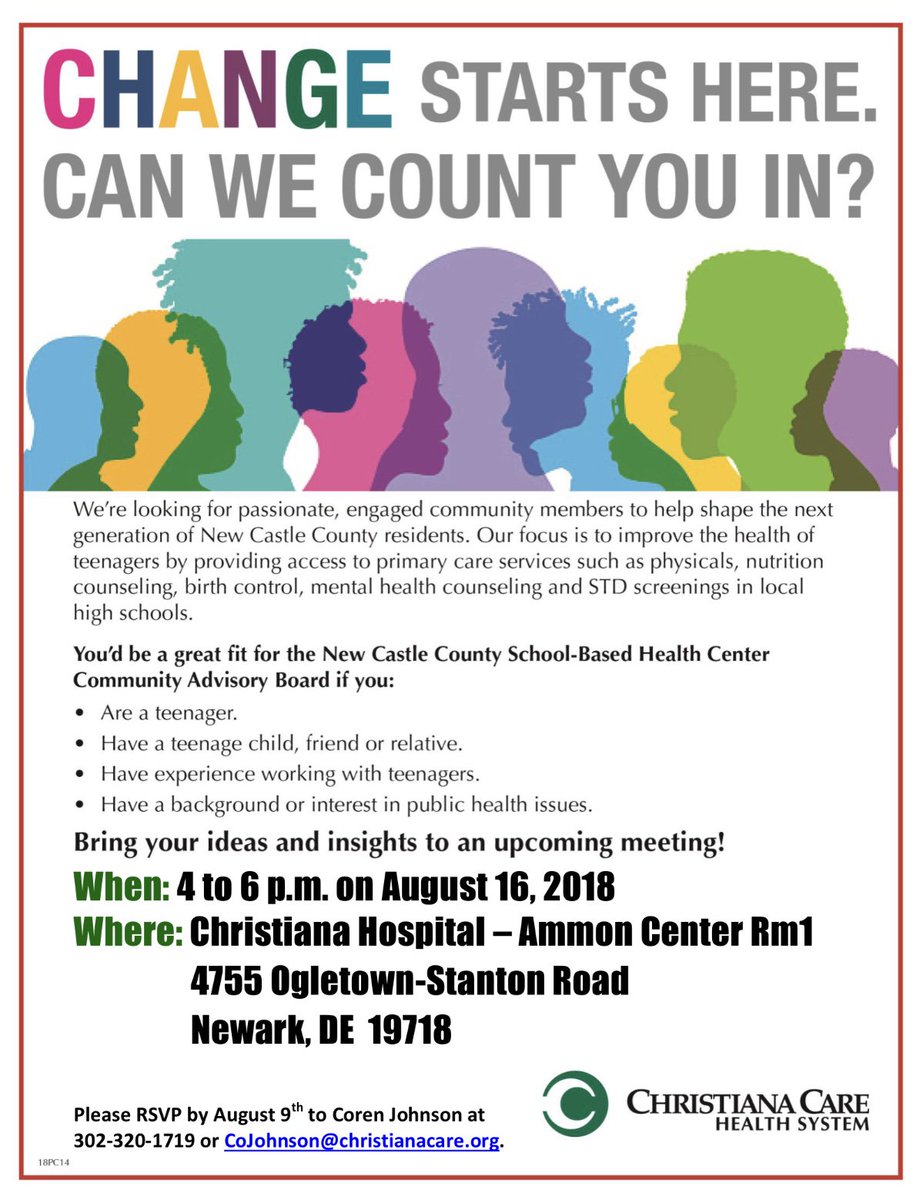 Are you passionate about community health and want to be more engaged? Bring your ideas and insights to an upcoming Christiana Care Community Advisory Board meeting! Please RSVP by August 9th to Coren Johnson at 302-320-1719 or CoJohnson@ChristianaCare.org.