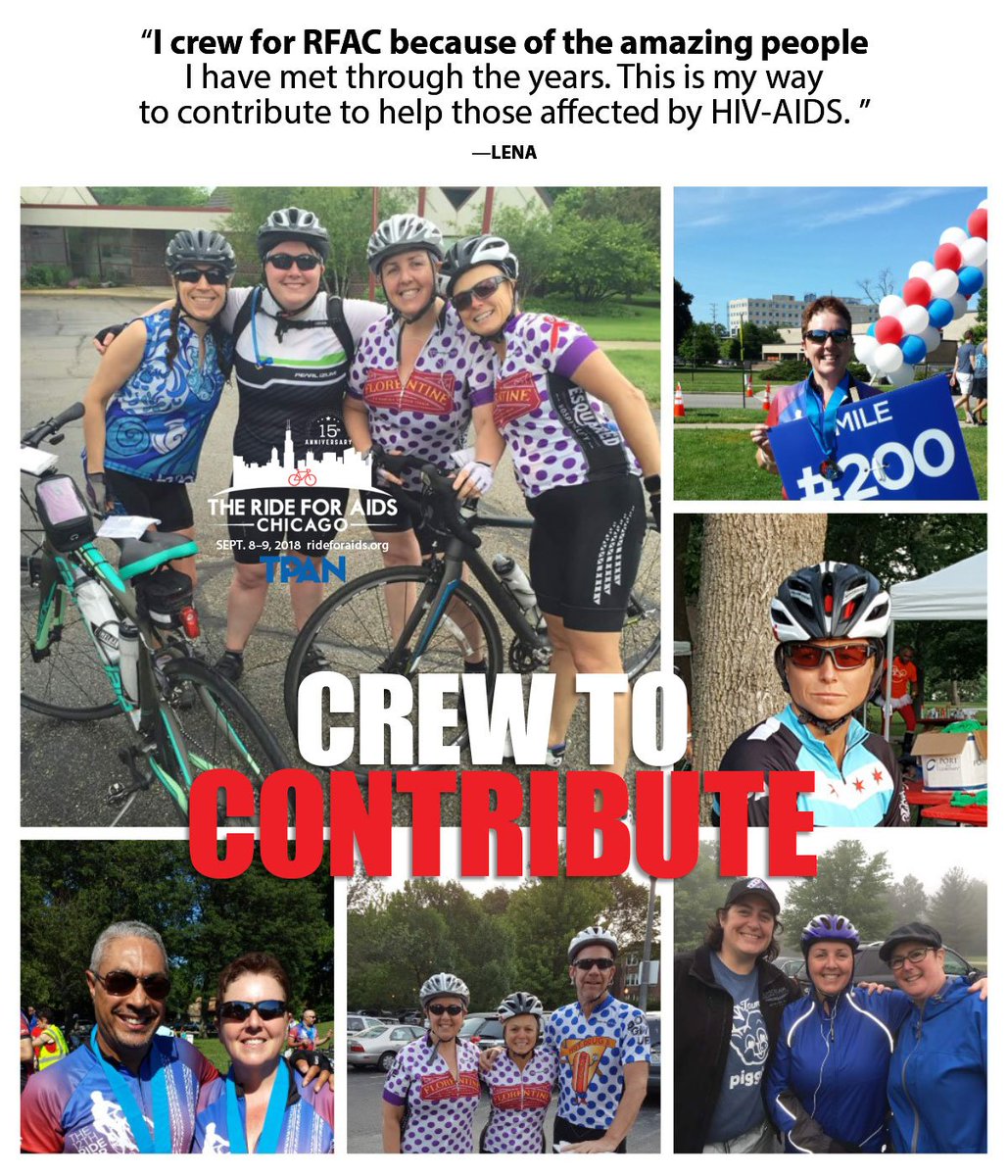 TPANetwork's tweet photo. Are you looking for a way to make a difference? Ride For AIDS Chicago needs YOU to join crew members like Lena and support the riders in their challenge! EVERYONE is welcome. Please consider making a contribution to Lena’s fundraising efforts! https://t.co/5juPAwBPo3 #RFAC2018 https://t.co/VRBVZZUq4s