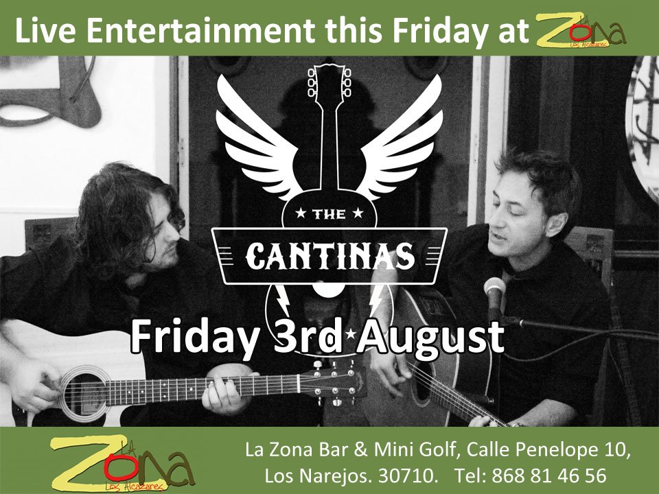 lazonaminigolf's tweet photo. Tomorrow, Friday 3rd August, live at La Zona...another fantastic acoustic guitar set from The Cantinas.
On stage at 9pm. Reserve a table to dine before or during the performance.
Call 868 81 46 56.
Also - La Zona Friday Car Boot Sale tomorrow. Sellers arrive 9am, gates open 10am. https://t.co/LkPv36MJ7j
