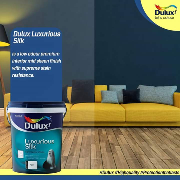 DuluxNigeria's tweet photo. Try out Dulux Luxurious Silk!

It is a low odour premium interior mid sheen finish with supreme stain resistance.

#dulux #highquality #protectionthatlasts https://t.co/OzsPwgwrVe