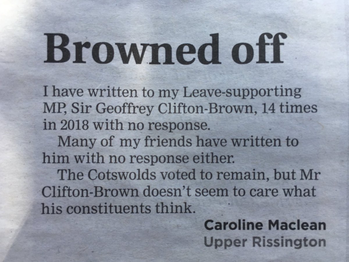 Same here: How very odd that an MP who’s been in a safe seat for the last 20+ years can’t be arsed to engage with his constituents... 

The Cotswolds voted to Remain, so whither “The Will of The People”...???

Letter in @TheNewEuropean