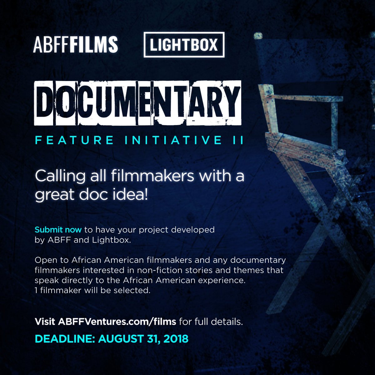 ABFF's tweet photo. The 2nd ABFF Lightbox Documentary Feature Initiative is now open and accepting submissions. Last year’s winning idea was recently greenlit by HBO. Submit yours by Aug 31. For full details visit: https://t.co/2UaZ2wPq6S 
#Access #Support #WeAreABFF https://t.co/zviZpAhp7r