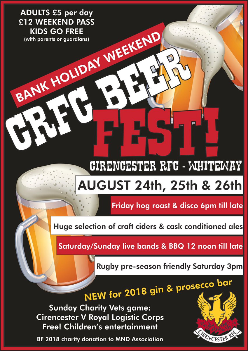 Save the date! @CirencesterRFC annual #BeerFest is back ! August #bankhols! Bigger better & more beer! Oh and a gin & prosecco bar too ! #Livebands #BBQ #Rugby on Sat & Sun including a #Vets charity game with the #RoyalLogistic Corp in aid of @mndassoc