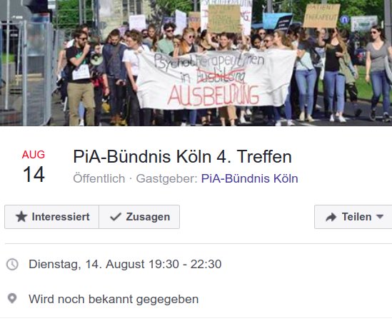 PiABnds's tweet photo. #Köln: #PiA-Bündnis läd euch am Dienstag den 14. August ein. Statt Fernsehabend gerne mal vorbeischauen. 🙋🏽‍♀️🙋🏻‍♂️🙋‍♀️Ort wird noch bekanntgegeben. #Psychotherapeuten #PiAReform #fairpia https://t.co/iGvz4BAAoD