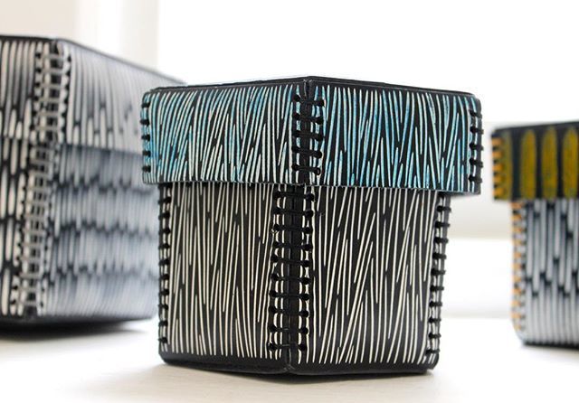 make_southwest's tweet image. Boxes of carved and painted leather - a distinct new approach for Bristol-based maker @JaninePartington who is drawing upon past experiences of printmaking, bookbinding and embroidery. Known for her enamel work, Janice's current summer showcase @devongui… ift.tt/2O2UKZS