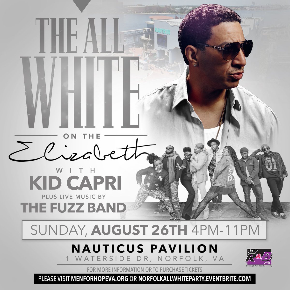 MenforHopeUSA's tweet photo. Event Update Alert!!! “The Norfolk All White on the Elizabeth” will now feature LIVE music by The Fuzz Band in addition to entertainment from Grammy Award Winning DJ Kid Capri! To purchase tickets or more information visit https://t.co/aunrdrhItt or https://t.co/XYdv5BQwjM https://t.co/tZ7ABaVqQ9