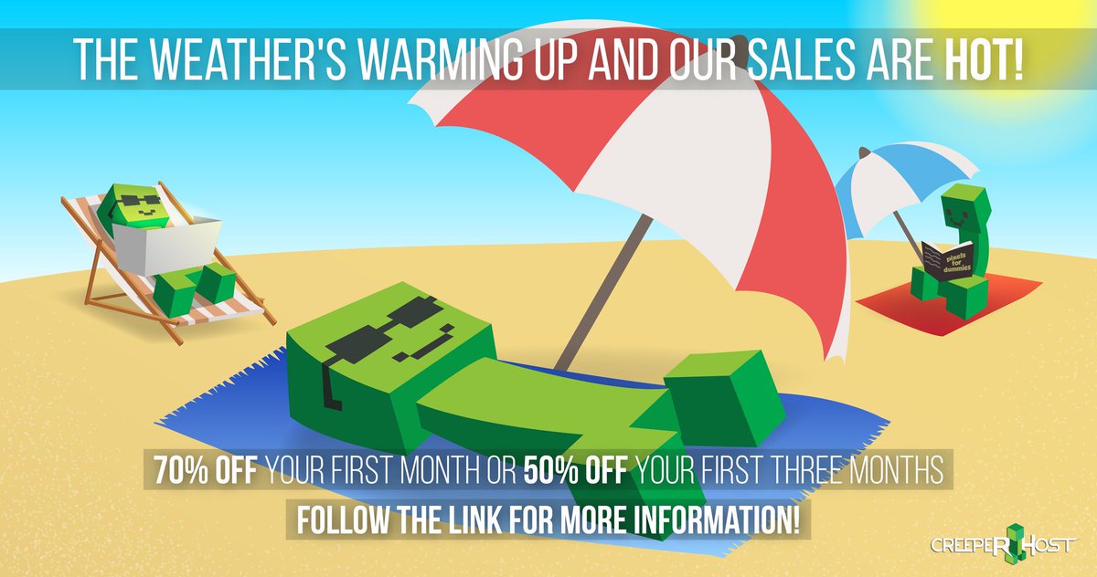 CreeperHost's tweet image. Feeling the pressure to cram as much entertainment into the holidays as you can? Take advantage of our #SummerSale with huge discounts on your #VPS rentals: bit.ly/2IP4NiS We&apos;ve got oodles of #games you can play with friends! #Minecraft #CSGO #Factorio #Starbound #7D2D