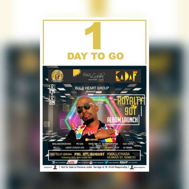 therealkadaf's tweet photo. Tell your friends to tell their friends that the highly anticipated #Royalty901 #AlbumLaunch is happening tomorrow. Come and see me blow up the stage with my jams #Kadaf #BoldHeartRecords #Gqom #SouthAfrica #Kwaito #VilakaziStreet #Soweto #OrlandoWest #SouthAfrica https://t.co/xv7BqwbgF7