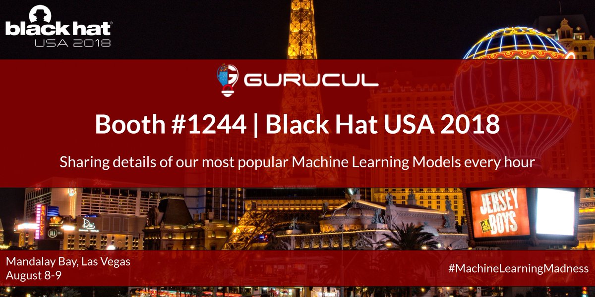 Gurucul's tweet photo. Join us for #MachineLearningMadness at @BlackHatEvents! Stop by booth #1244 for a 5-minute presentation & you will be eligible for:
➡️ Chance to win $500
➡️ Copy of our book #BorderlessBehaviorAnalytics
➡️ Awesome #Gurucul t-shirt
Info → https://t.co/zx9Zy2aoTu
#BHUSA https://t.co/D4pTzaupmH