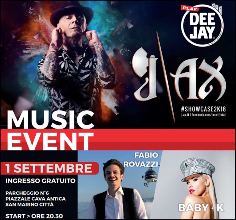 Annunciati gli ospiti di #PlayDeejay a #SanMarino: <a href="/jaxofficial/">J-Ax</a> <a href="/BABYKMUSIC/">BABY K</a> e <a href="/FabioRovazzi/">Fabio Rovazzi</a>! Scopri qui il programma dell'evento: bit.ly/PlayDeejay2018