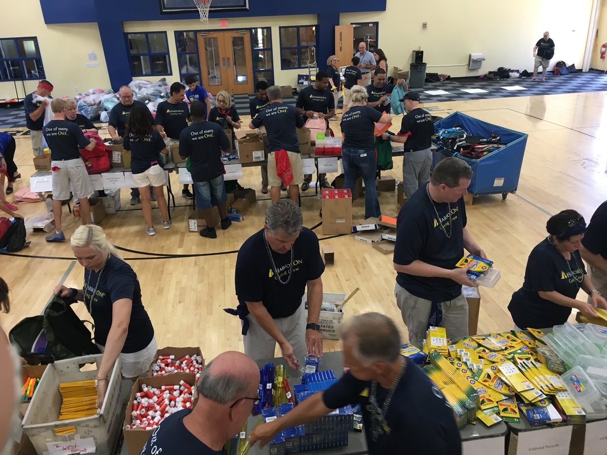 HarborOne's tweet photo. Caring Crew putting together over 2500 backpacks for kids to start off the school year. #caringcrew https://t.co/PGIzSWDnNY