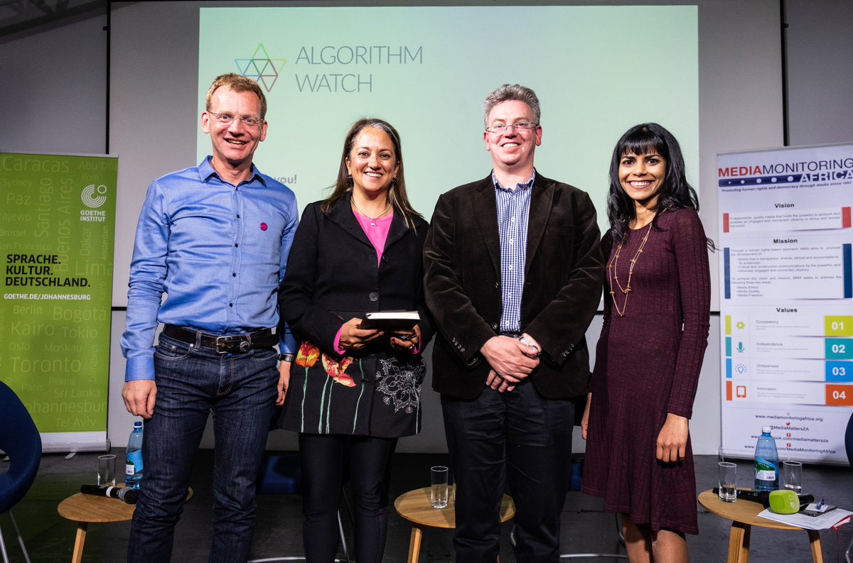 goethejoburg's tweet photo. Thanks for a fruitful "Fake news, Algorithms and you" discussion with Matthias @spielkamp, @ferialhaffajee, @Billbobbird &amp; @AvaniS_RSA. To see all photos by @EarlAbrahams1, visit >> https://t.co/9EXBzPKHkf #AlgoWatch #machinelearning #AutomatedDecisionMaking #filterbubbles https://t.co/2f5ShLoGt0