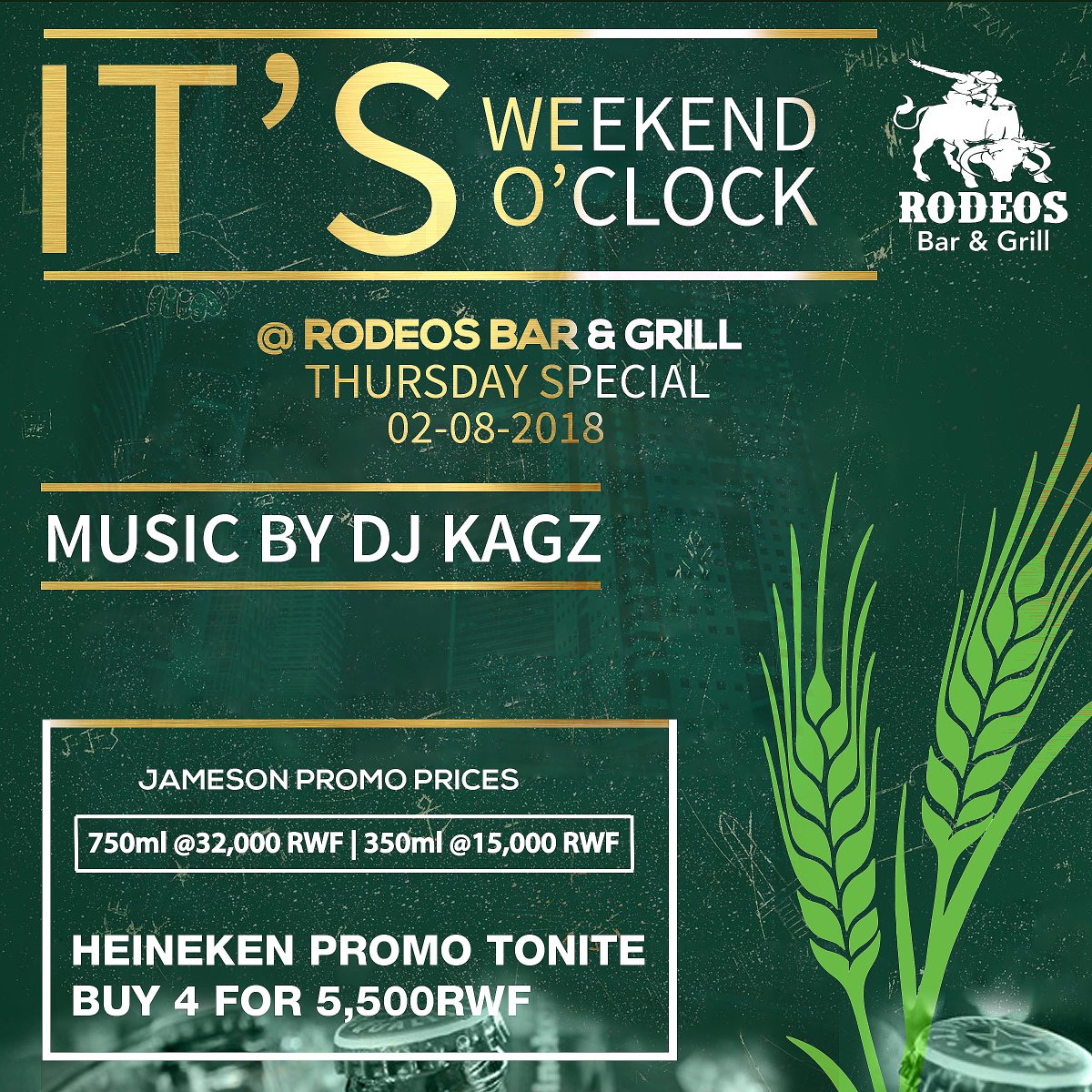 DjNanoKigali's tweet photo. #WeekendOclock tonite @rodeos_kgl the long weekend starts here. #rwot #kigalinightlife #jameson #heineken https://t.co/RmBvdbbtmb