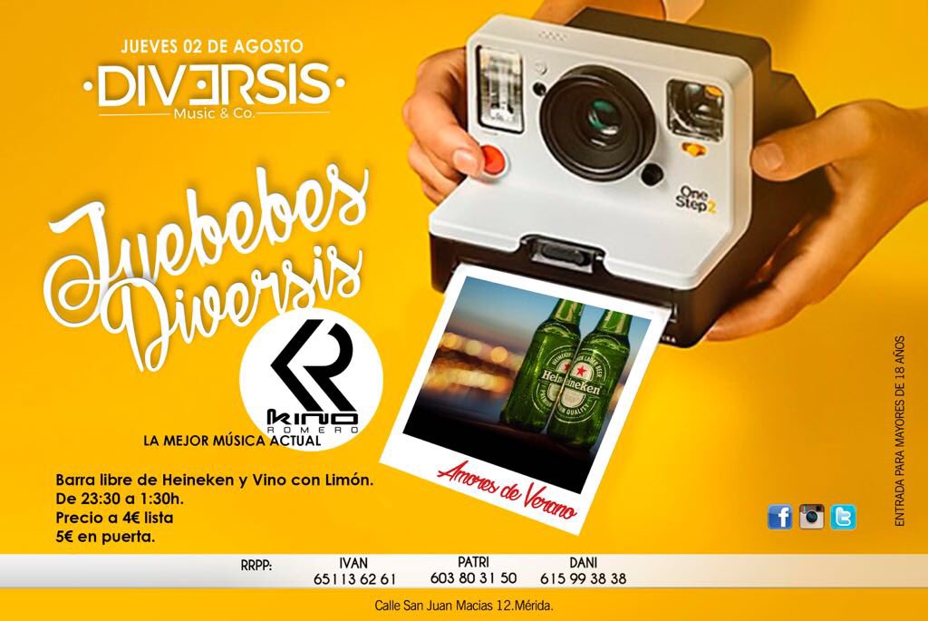 *JUEBEBES DIVERSIS*  🍻🍻🍻🍻🍻🍻🍻🍻  Ese amor que solo parece aparecer en verano 😍🗺 invitale a una cerveza o mejor aún.. a una BARRILADA entera 🌚🍻  ✅Heineken ✅Vino con limón  ✅Cachimbas  ✅Barrilada ligth   Tan solo por:  ➖4€ en lista ➕5€ en puerta  De 23:30 a 1:30