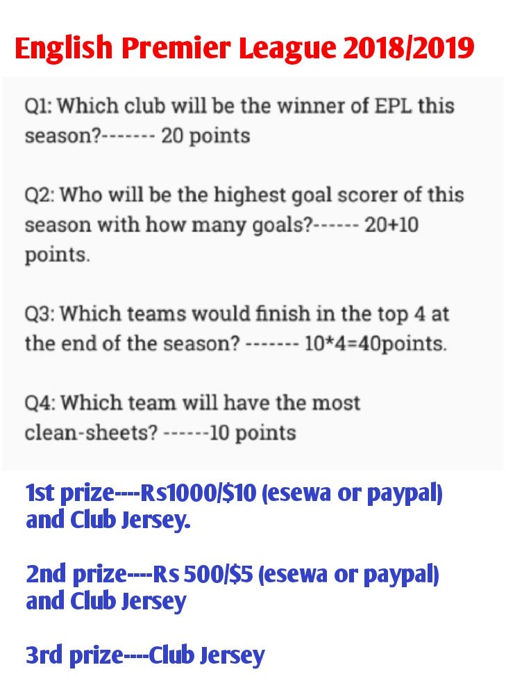 guessnwin's tweet photo. Guys, now it’s time for the grand prize questions. Take your time &amp; answer wisely.
Entries with maximum points 'l be the winner.
(Deadline: Aug 17, 2018, Friday)

Rules:
-Follow 👉@guessnwin if you haven't already
-RT this tweet
-Submit your answer below with hashtag #gnwFPL2018. https://t.co/ajhAgCWCrH
