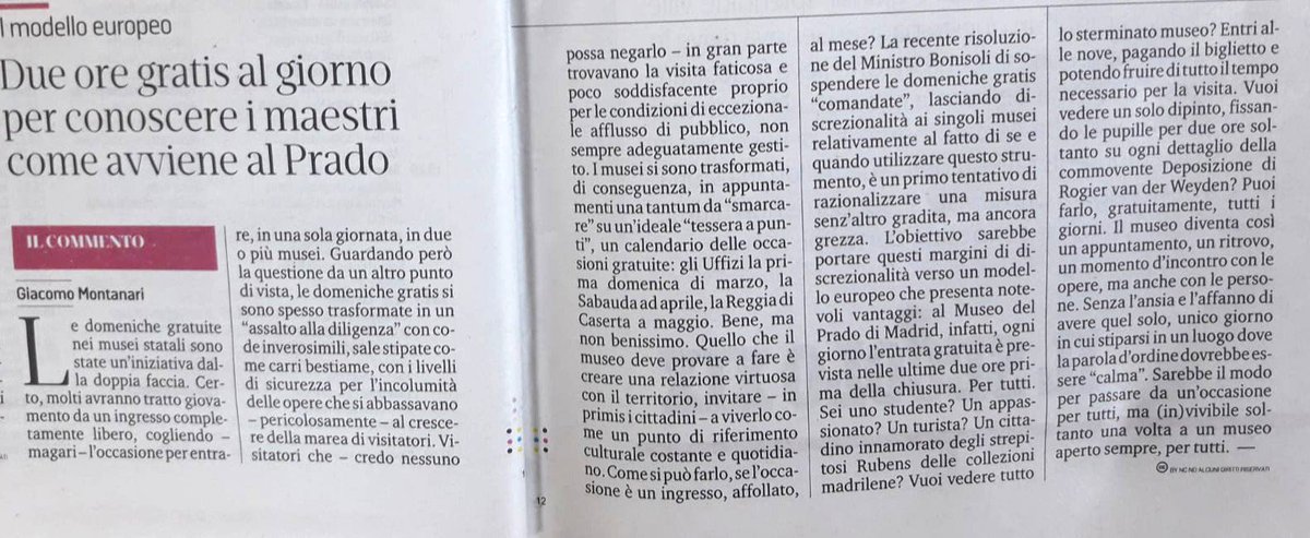 Giech84's tweet photo. Domeniche gratis nei Musei statali? Meglio seguire modelli europei! #Bonisoli #museigratis #culture @ilsecoloxix @tomasomontanari @museodelprado https://t.co/FiuVr6biYO