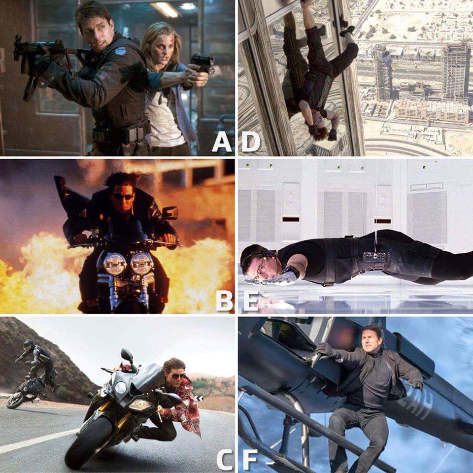 Six stills. Six movies. Your mission:
Guess the correct Mission: Impossible film!