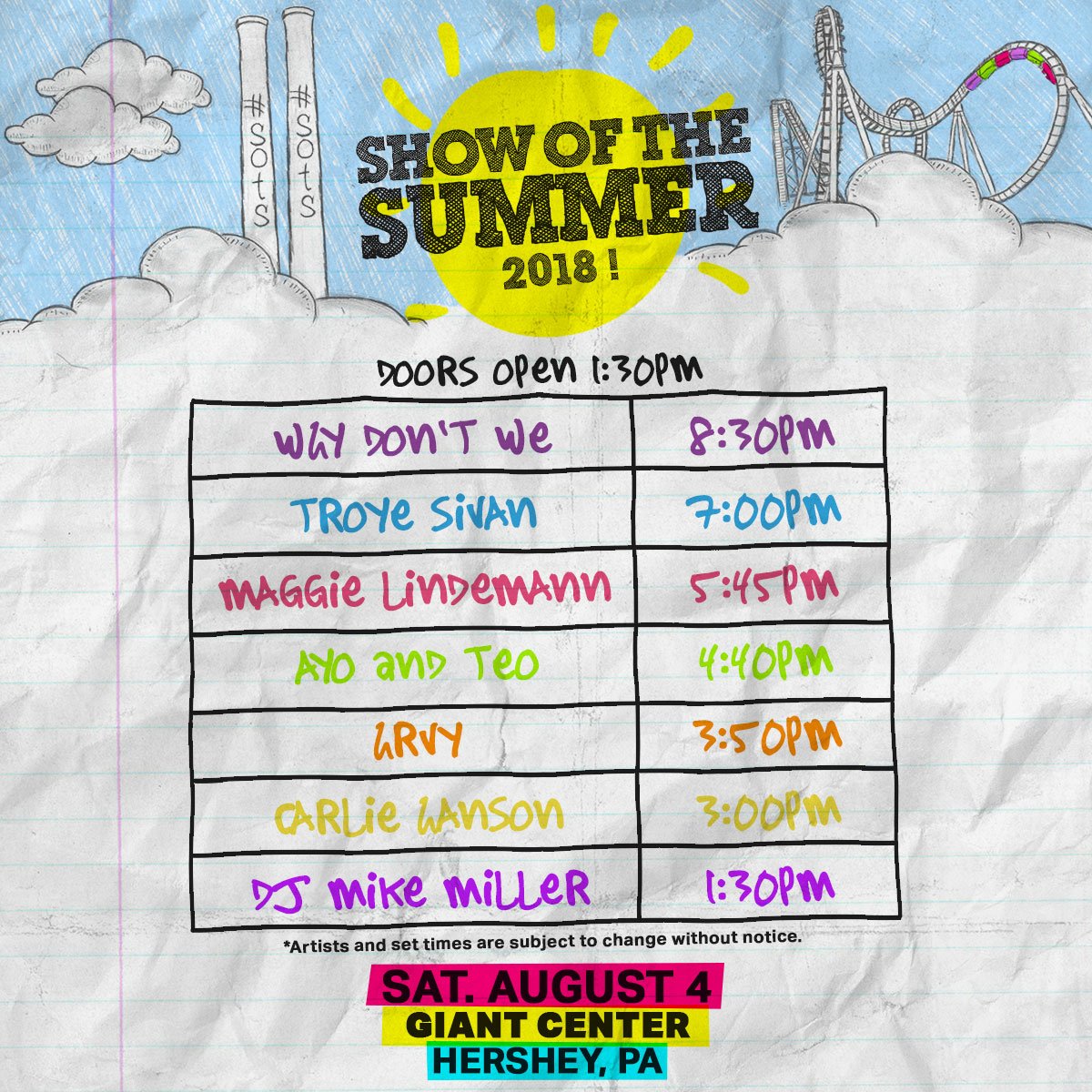 THIS SATURDAY - Get ready for another unforgettable Show of The Summer with Troye Sivan, Why Don't We + more!! Set times are below. Who are you most excited to see, #SOTSFam?! 🍫🎢 #SOTS