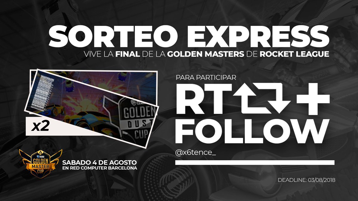 ¿Te gustaría asistir a la final de la <a href="/GoldenDustCup/">Golden Dust Cup</a> con un amigo/a? 🏆

Sorteamos una entrada doble para asistir al evento en <a href="/redcomputerbcn/">Red Computer</a> 

🔁 RT + FOLLOW 🔁  

Tenéis hasta mañana, ¡mucha suerte aliens! 👽