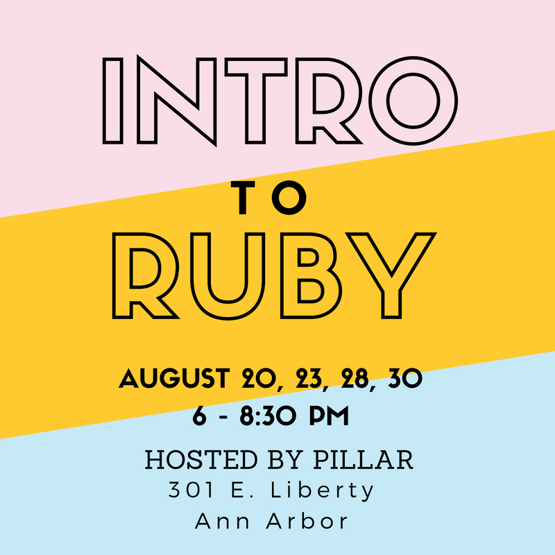 Now's your chance--we are hosting a 4-part Intro to Ruby workshop in late August at <a href="/PillarTech/">Pillar Technologies</a>! Sign up now to learn the ropes of this powerful, versatile language!  buff.ly/2OCRiGs