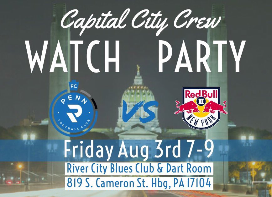 CapCity717's tweet photo. Join us tomorrow night out at @RiverCityBlues to watch our beloved @PennFCOfficial take on the Baby Bulls of New Jersey. 🤙🔵⚪️
Kickoff is at 7pm and it’s an all ages venue until 10pm. Bring the fam! 🙌
⠀⠀⠀⠀⠀⠀⠀⠀⠀
#CCC717 #KeystonesFinest #NYvPEN https://t.co/2FdXQaXAed