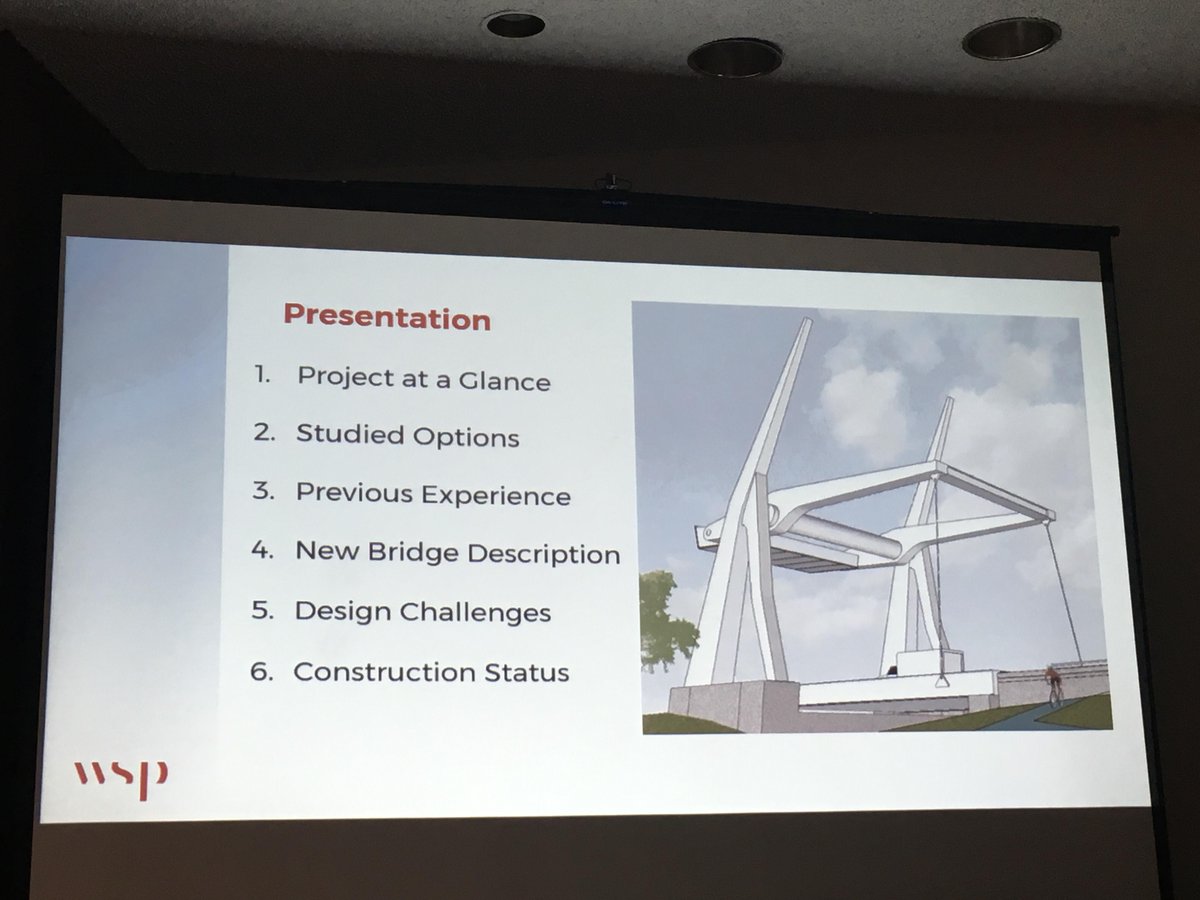 WSPCanada's tweet photo. WSP's Transportation experts Benoit Cusson and Tony Mailhot presenting, "Designing an Architectural #BasculeBridge in Saint-Jean-sur-Richelieu at Short and Medium Span Bridges Conference this morning. #SMSB2018 #wspcanada #wsp #wearewsp #bridgengineering #bridgedesign https://t.co/a6urN622Ls