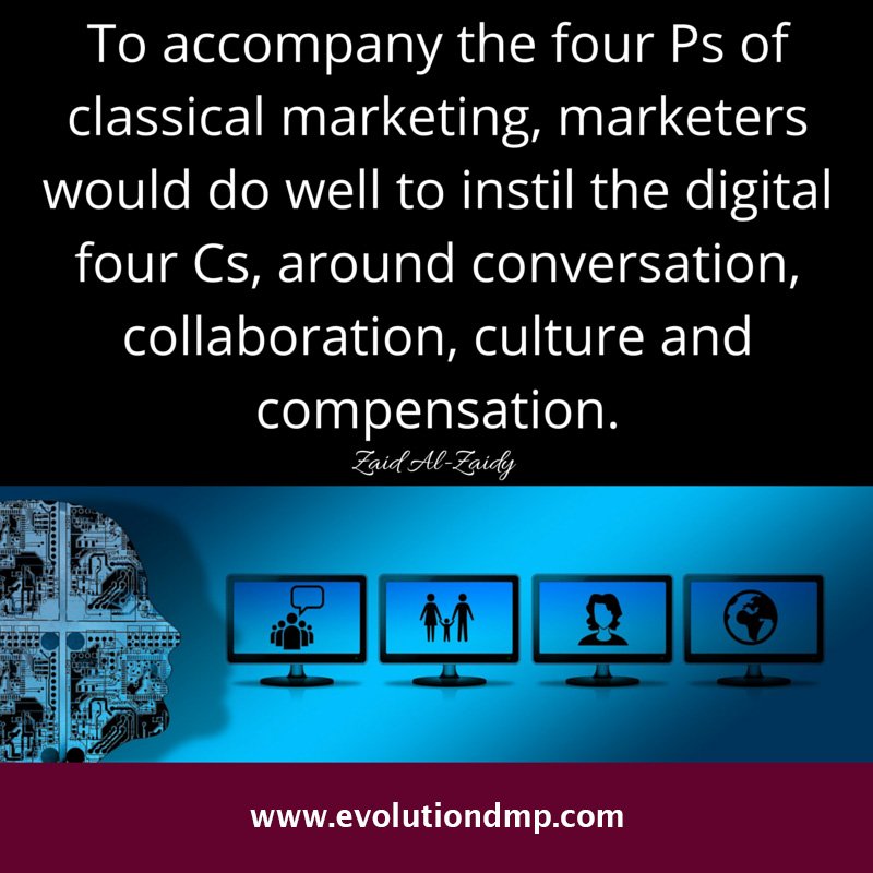 evolutiondma's tweet photo. “To accompany the four Ps of classical marketing, marketers would do well to instil the digital four Cs, around conversation, collaboration, culture and compensation.” -Zaid Al-Zaidy

#evolutiondma #digitalmarketing #quotes #socialmedia #SEO #contentmarketing #sales #advertising https://t.co/5XXMHjfFb2