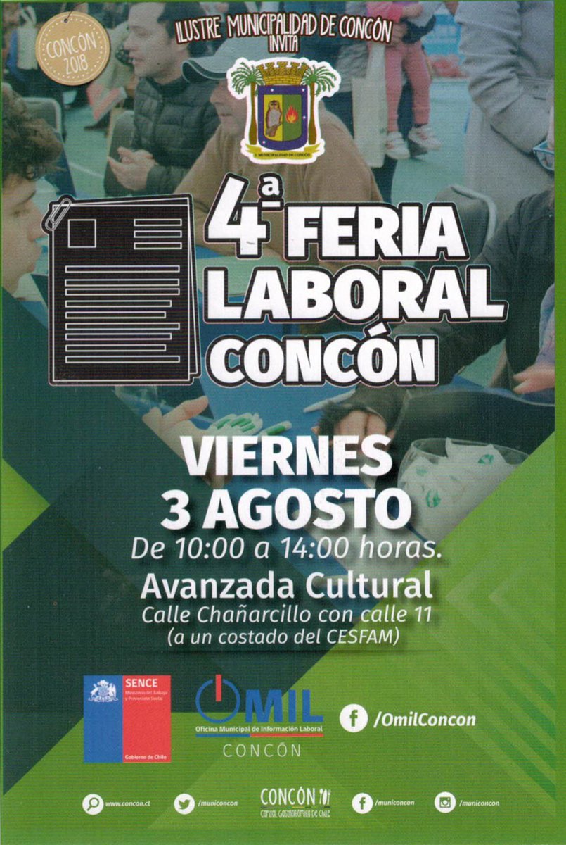 Mañana 3 de agosto desde las 10:00 hora. Se realizará la IV Feria Laboral de la comuna. Más de 20 empresas y 10 instituciones confirmadas. Los esperamos en la Avanzada Cultural ubicada en calle 11 esq. Chañarcillo No olvides llevar tu CV! <a href="/municoncon/">municoncon</a> <a href="/sumonteoficial/">Oscar Sumonte González</a> <a href="/SENCEValpo/">SENCE Valpo</a>