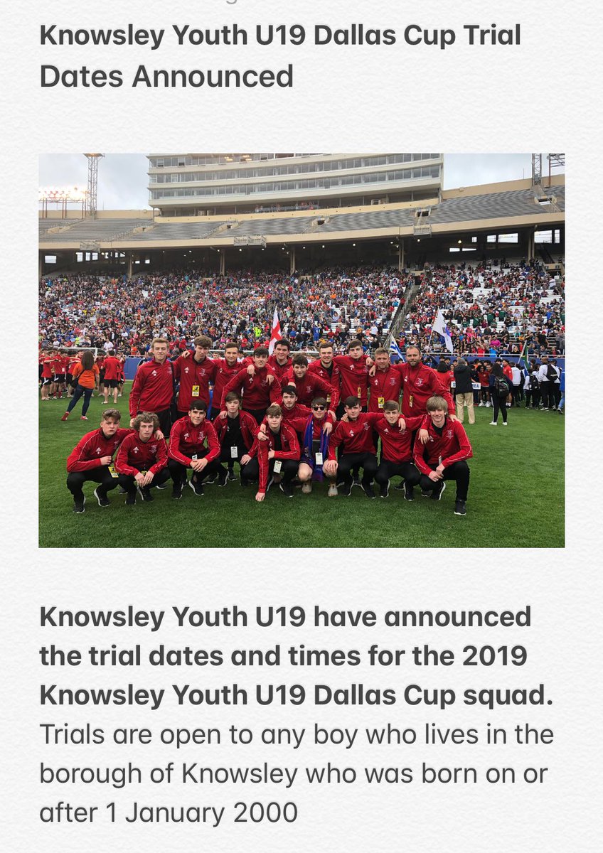 KnowsleyYouth's tweet photo. Knowsley Youth U19 Dallas Cup Trial
Dates Announced  

Knowsley Youth U19 have announced the trial dates and times for the 2019 Knowsley Youth U19 Dallas Cup squad. https://t.co/aO9PajiJsI