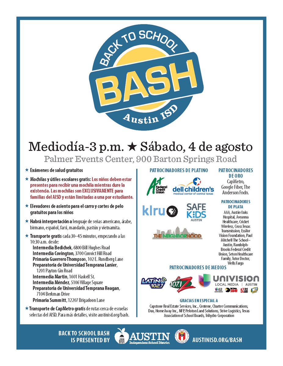 Our annual Back to School Bash is Aug 4! Join us &amp; 150+ community orgs &amp; AISD depts for free booster seats, haircuts, eye exams &amp; glasses, wellness checks, door prizes &amp; much more. Free backpacks w/school items, only for AISD students! Info: austinisd.org/bash #AISDBash