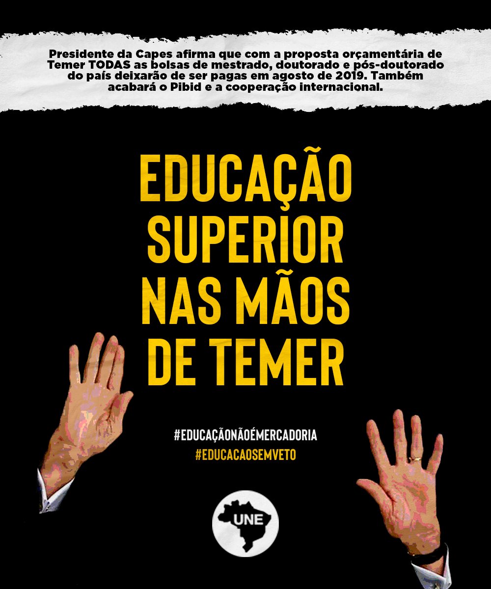 Precisamos nos mobilizar, ou TODAS as bolsas de mestrado, doutorado e pós-doutorado do país deixarão de ser pagas em agosto de 2019. Também acabará o Pibid e a cooperação internacional. A educação superior corre perigo!