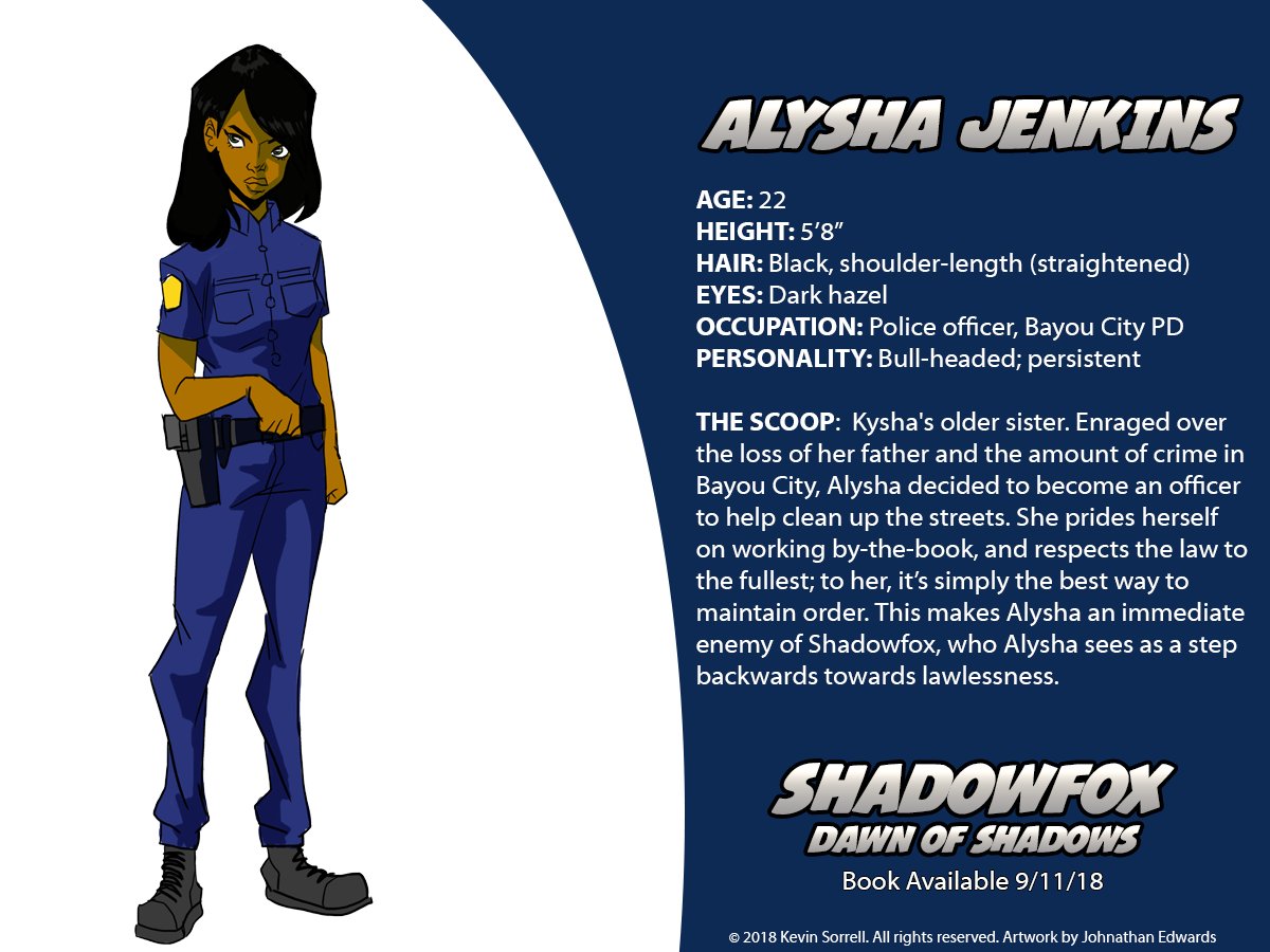kbsorrell77's tweet image. Shadowfox's opposition will arise in many forms--like, perhaps, an older sister. Meet ALYSHA JENKINS!

For more on the #Shadowfox series, join my mailing list - bit.ly/2NblrLA
Artwork by Johnathan Edwards - IG: bit.ly/2NRLqsF
#amwriting #superheroes #DiverseYA