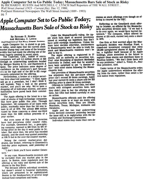 As Apple passes $1 trillion, you may recall that in 1980, Massachusetts barred sales of the IPO, deeming them too risky.