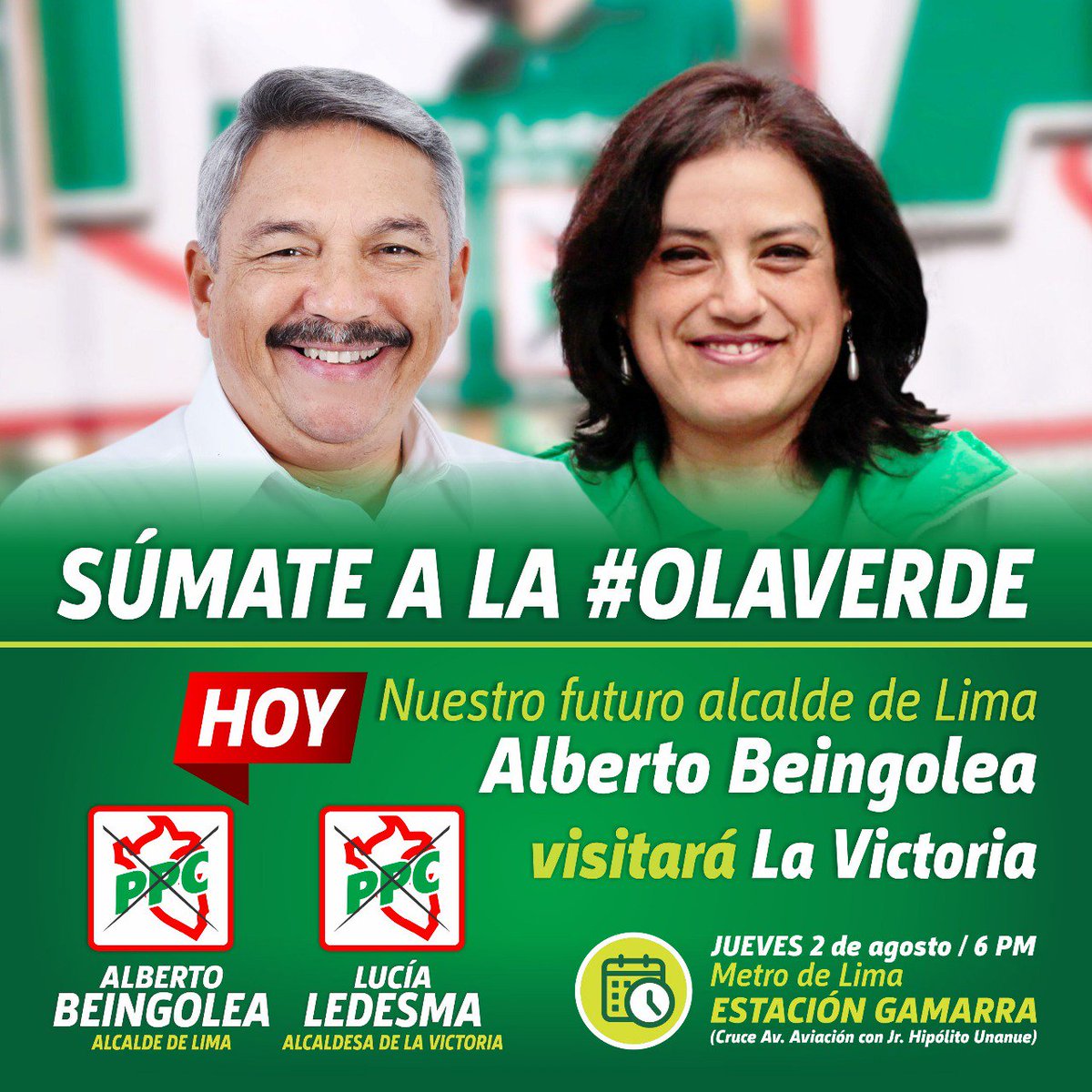 Estimados vecinos, los invito a sumarse desde las 6pm a la #OlaVerde, con nuestro amigo y futuro alcalde de #Lima @AlbertoBeingolea, en la Estación Gamarra del Metro de Lima.

#LimaFeliz 💚
#LaVictoriaSiTieneFuturo 🙌
#BeingoleaEnLaVictoria 💪🏽
#ERM2018 🇵🇪