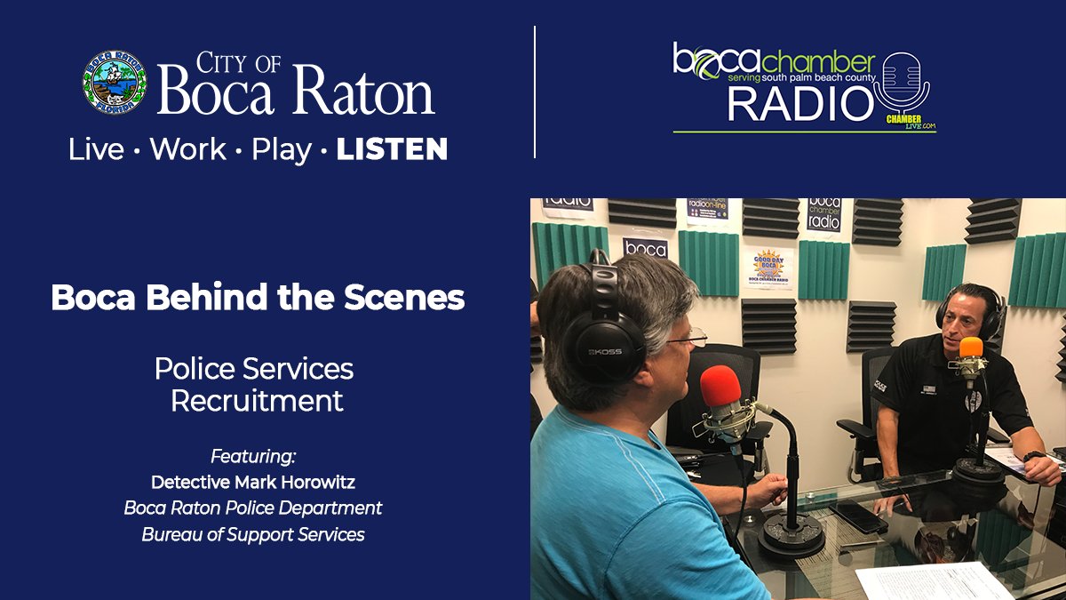 CityBocaRaton's tweet photo. Tune in to the latest podcast episode of "Boca Behind the Scenes," with Detective Mark Horowitz with @BocaPolice's Bureau of Support Services to learn more about applying to be a Police Officer https://t.co/ZmnoavLUaD. Thank you to our men &amp; women who protect and serve our city. https://t.co/QMFB5Fpo6v