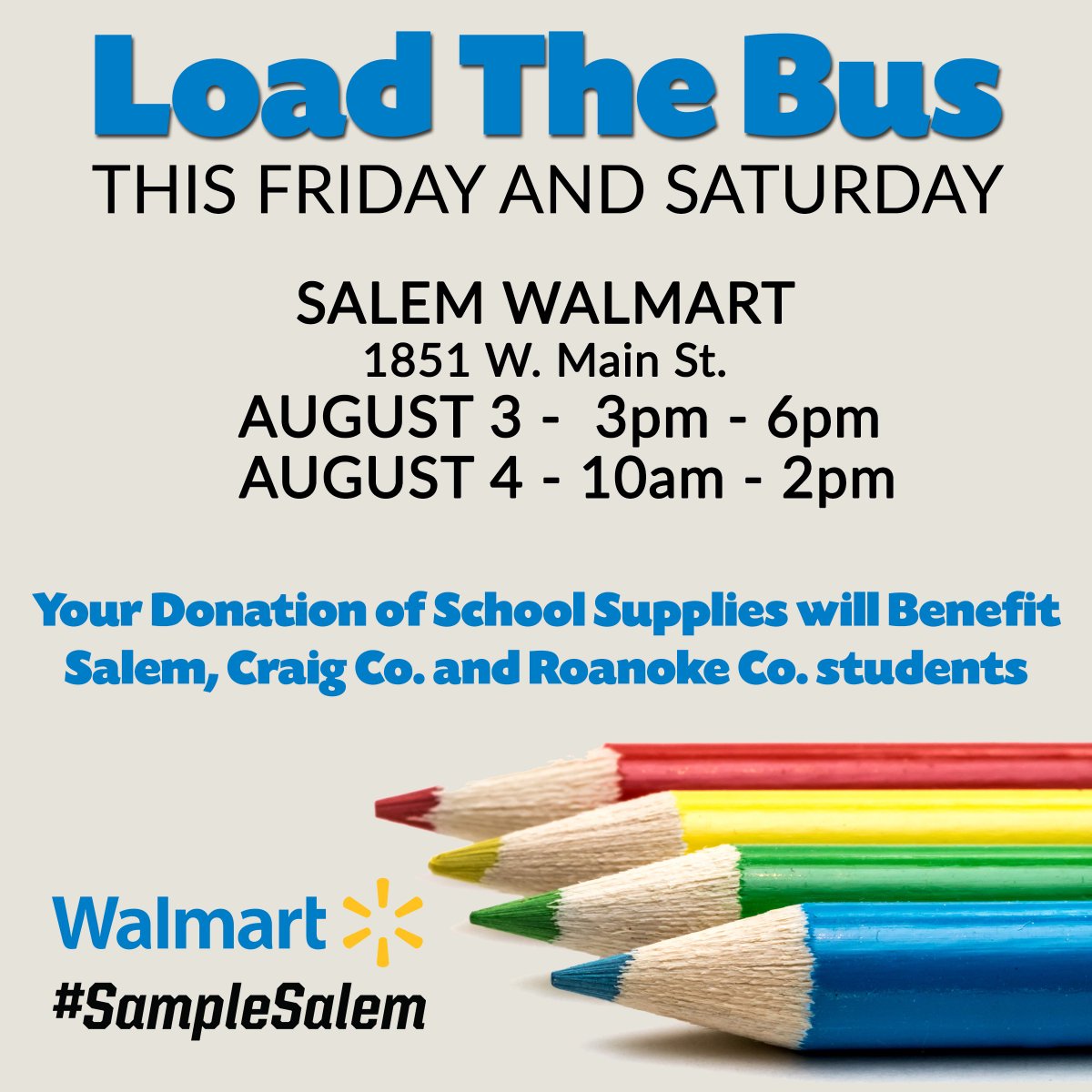 SalemVaSchools's tweet image. Help us #LoadTheBus this Friday and Saturday at the #SalemVA Walmart. Students in Salem, Craig County and Roanoke County will benefit from your generosity.  #SampleSalem
